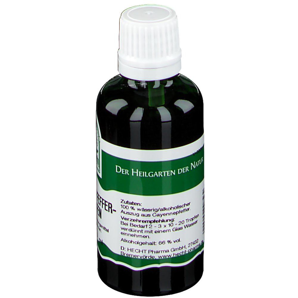 Grüne Glasflasche mit weißem Deckel. Etikett mit Text: Cayennepfeffer Tropfen. Aufschrift: Der Heilgarten der Natur. Zutaten und Verzehrempfehlung.