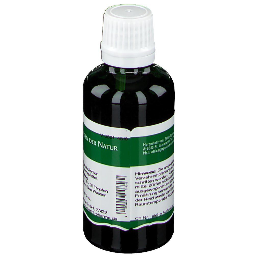 Grüne Glasflasche mit weißem Deckel. Etikett mit Text: Cayennepfeffer Tropfen. Aufschrift: Der Heilgarten der Natur. Hinweise zur Einnahme.