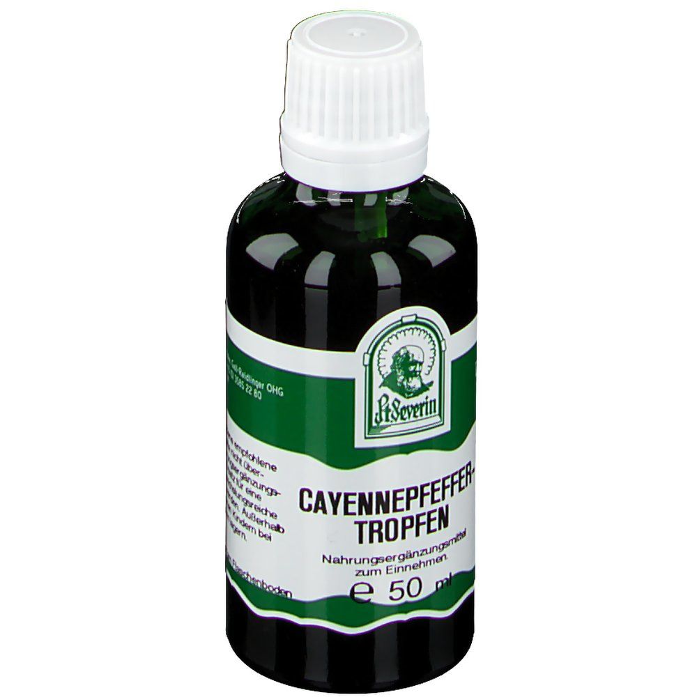 Grüne Glasflasche mit weißem Deckel. Etikett mit Logo und Text: Cayennepfeffer Tropfen. Aufschrift: Nahrungsergänzungsmittel. Volumen: 50 ml.