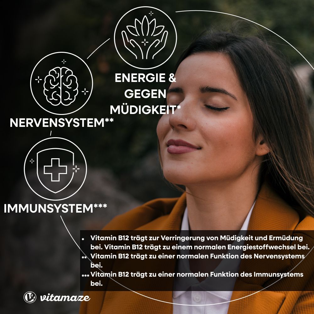 Frau mit geschlossenen Augen. Grafiken: Nervensystem, Energie, Immunsystem. Text: Vitamin B12 für Energie, Nerven, Immunsystem.