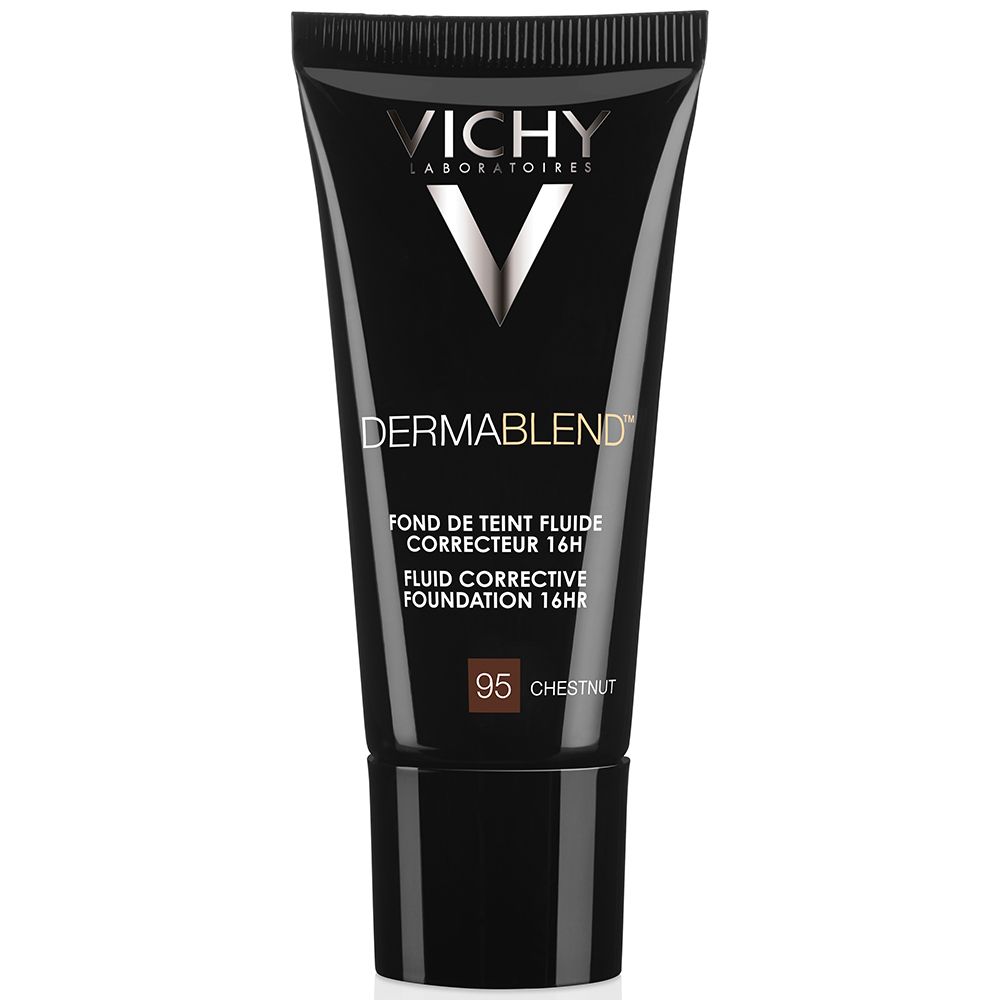 Schwarze Tube mit VICHY-Logo und DERMABLEND-Schriftzug. Farbton 95 Chestnut. Produktname und Text in weißer Schrift.