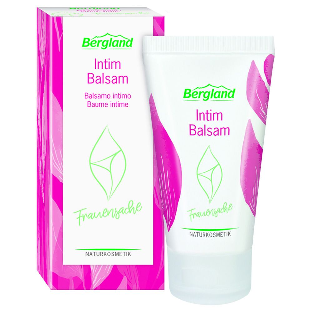 Weiß-rosa Tube und Verpackung. Aufschrift: Bergland Intim Balsam, Balsamo intimo, Baume intime. Logo: Frauen sache. Naturkosmetik.