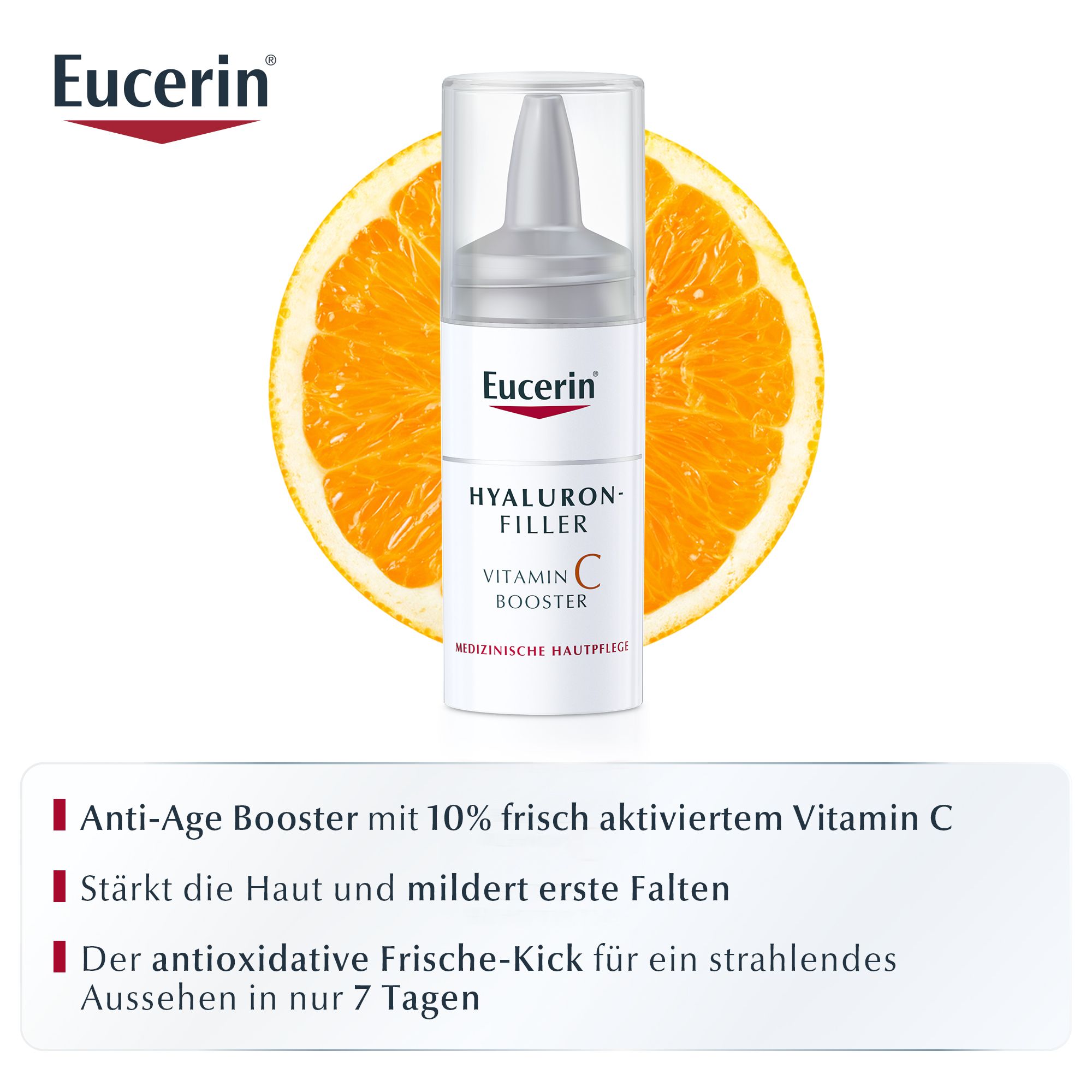 Eucerin Hyaluron-Filler Vitamin C Booster. Flasche mit Dosierer, vor Orange. Text: Vitamin C Booster, medizinische Hautpflege.