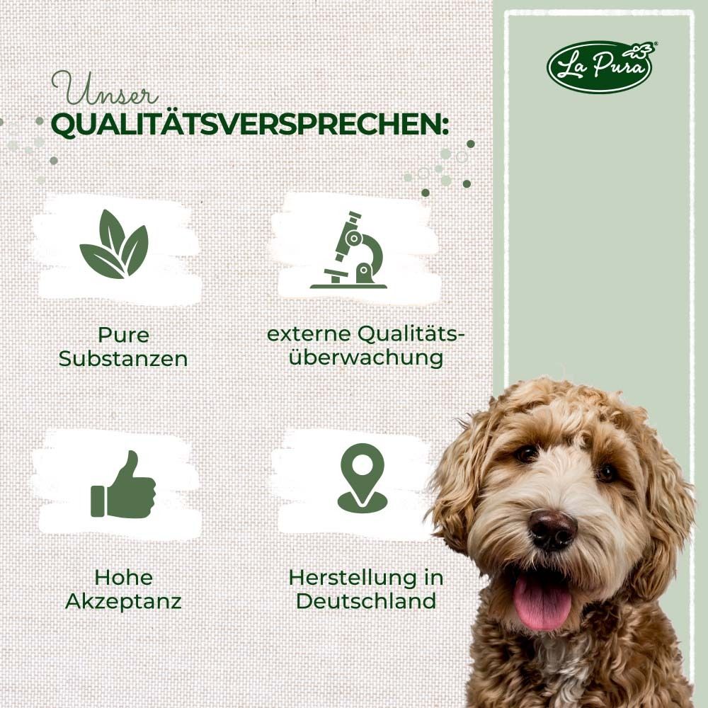 Graphique : Promesse de qualité. Substances pures, contrôle qualité externe, haute acceptation, fabrication en Allemagne.