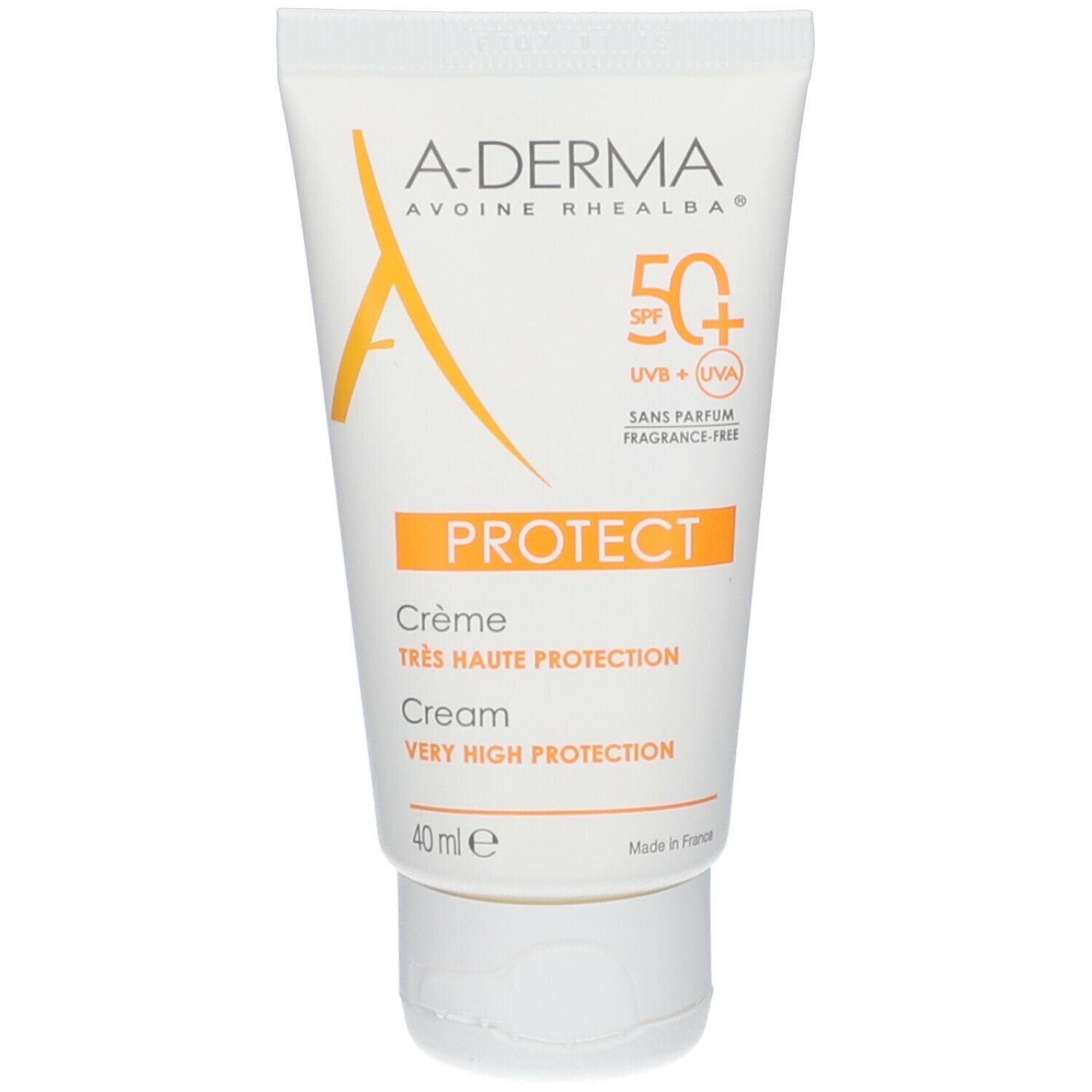 Creme-Tube mit Aufschrift A-DERMA PROTECT, LSF 50+, ohne Duftstoffe. Weiße Tube mit orangefarbenen Akzenten. 40 ml.
