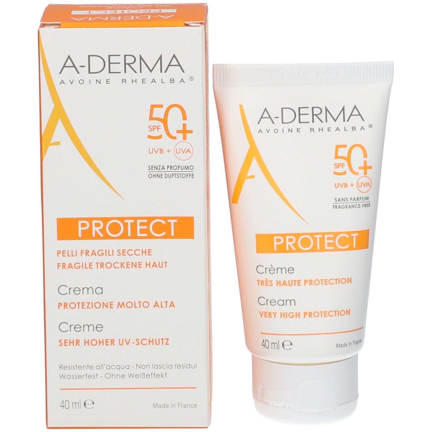 A-DERMA PROTECT Creme und Verpackung. Creme-Tube und Karton mit Aufschrift PROTECT, LSF 50+. 40 ml.