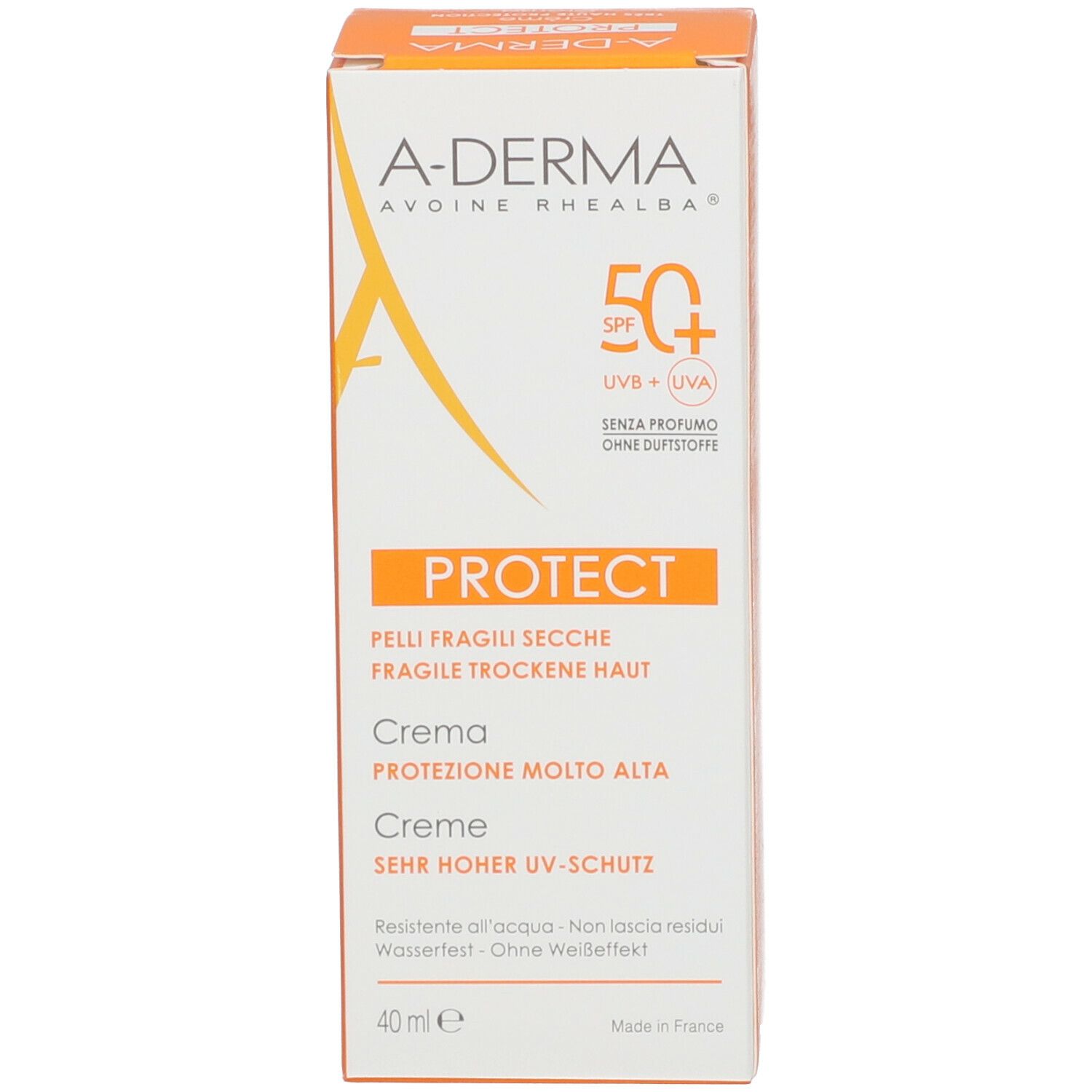 Kartonverpackung für A-DERMA PROTECT Creme. Orangefarbener Karton mit Produktinformationen und LSF 50+.