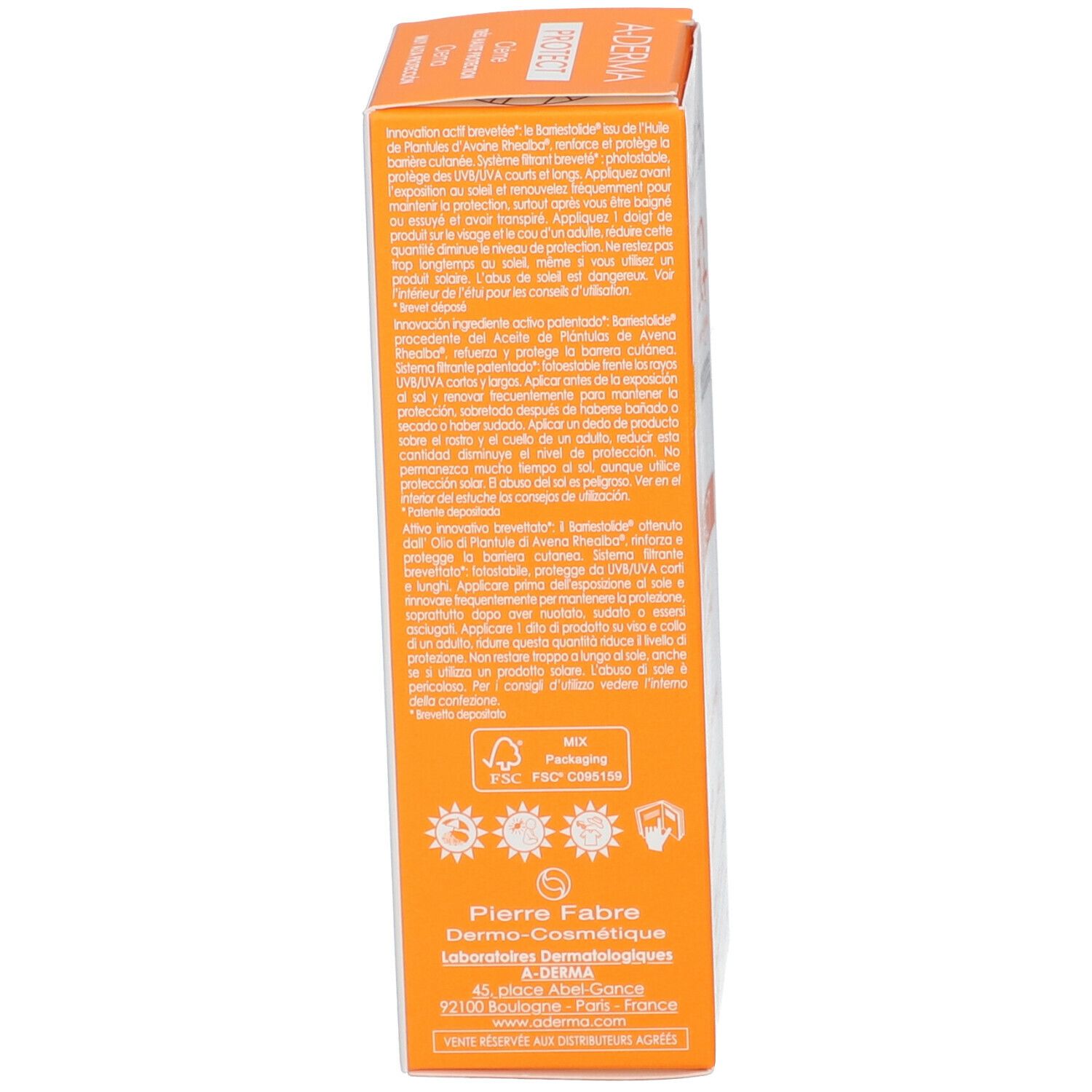 Rückseite der Kartonverpackung für A-DERMA PROTECT Creme. Text in mehreren Sprachen, Sonnenzeichen, FSC-Logo.