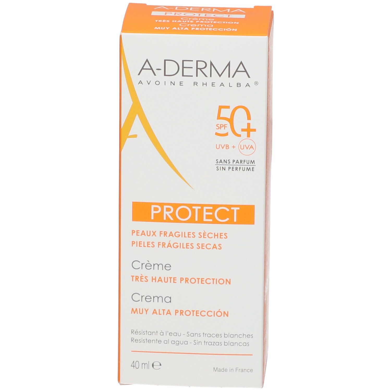 Vorderseite der Kartonverpackung für A-DERMA PROTECT Creme. Produktname, LSF 50+, Text in mehreren Sprachen.