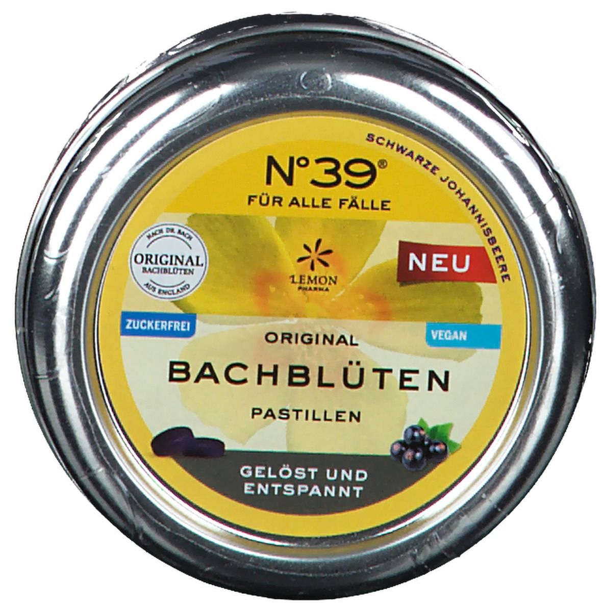 Boîte ronde avec étiquette jaune. Texte : N°39, Pastilles de fleurs de Bach, Cassis. Logo : Lemon Pharma.