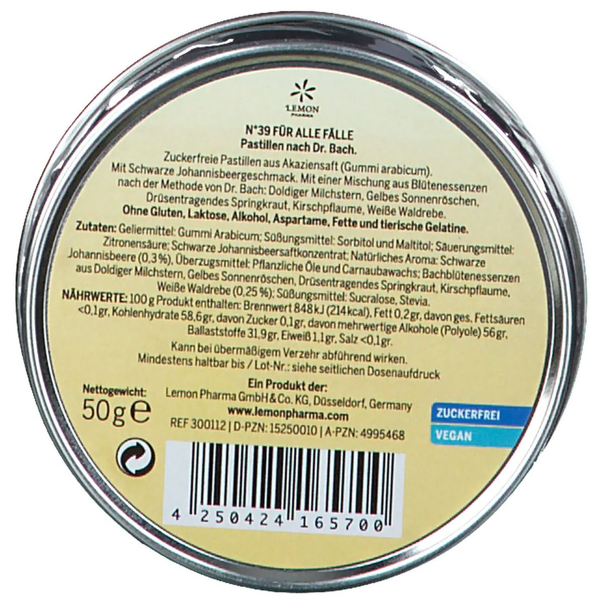 Fond de boîte rond avec texte. Texte : N°39, Sans sucre, Vegan, 50g, Lemon Pharma. Code-barres. Logo : Lemon Pharma.
