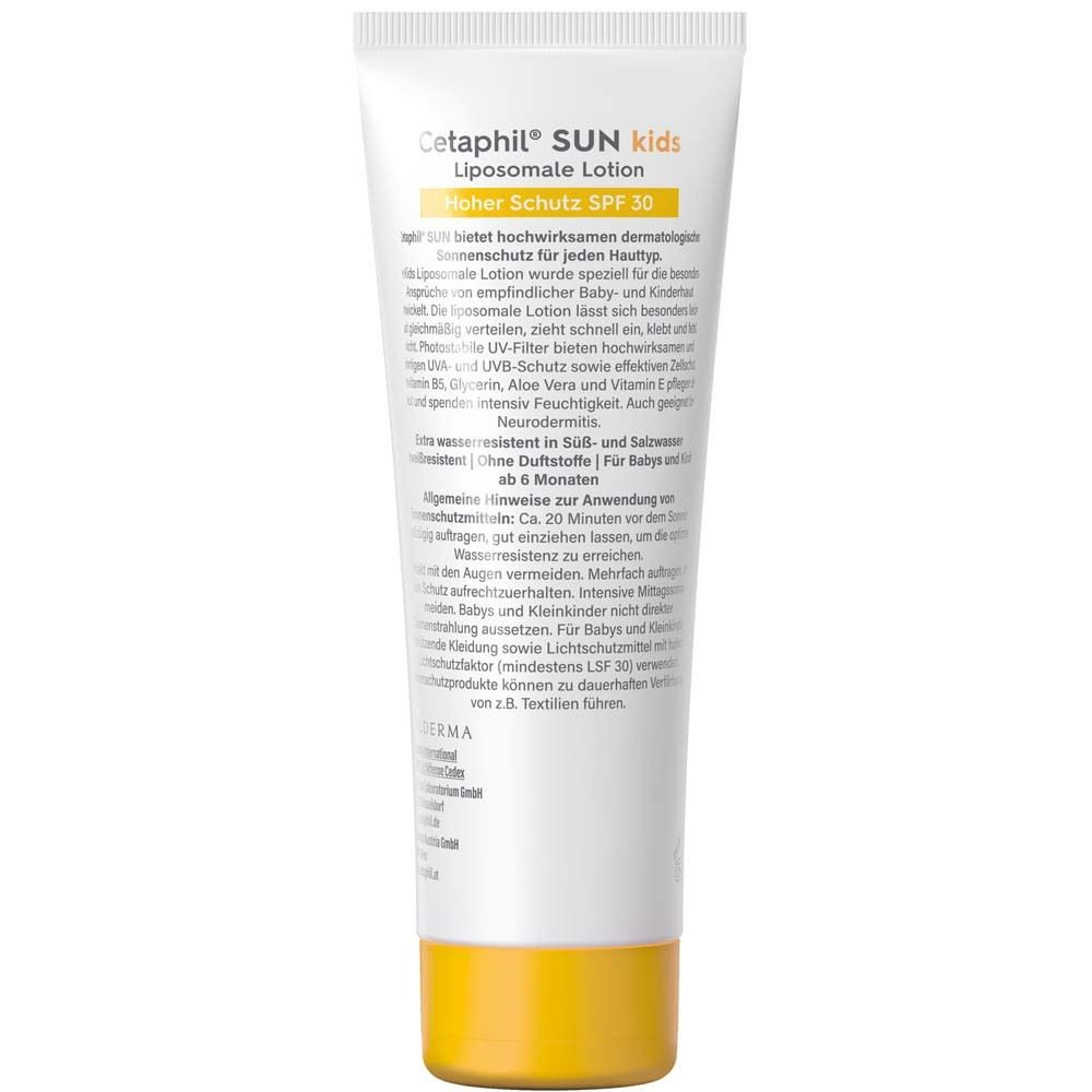 Dos du tube Cetaphil SUN Kids SPF 30. Texte et ingrédients.