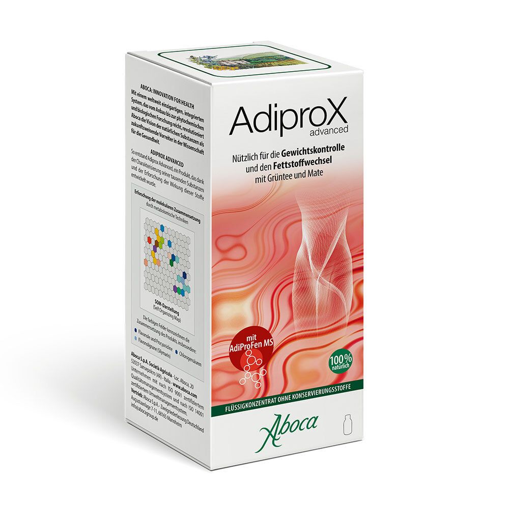 Karton mit Adiprox Advanced. Text: Nützlich für die Gewichtskontrolle und den Fettstoffwechsel. Aboca-Logo.