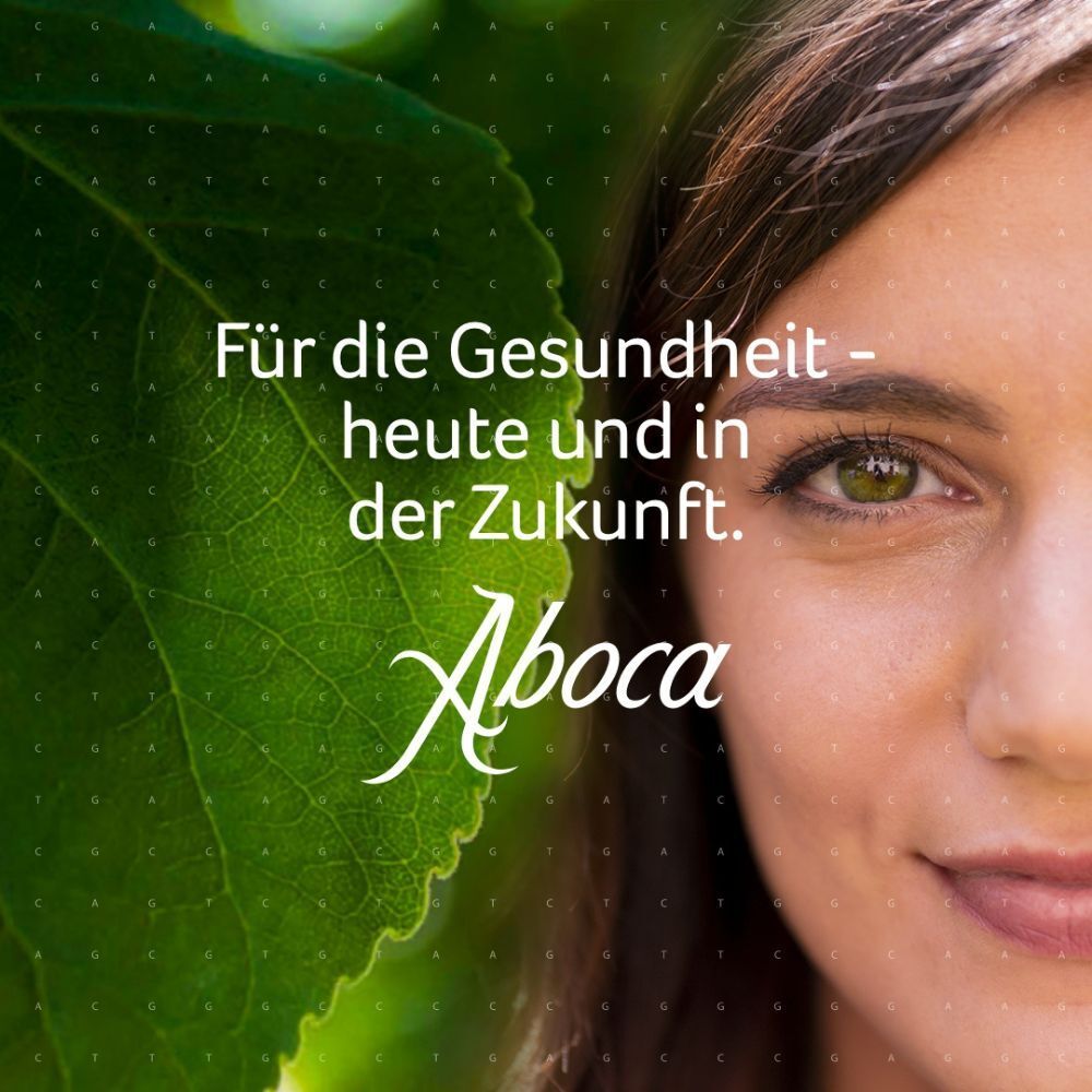 Gesicht einer Frau mit grünem Blatt. Text: Für die Gesundheit - heute und in der Zukunft. Aboca-Logo.