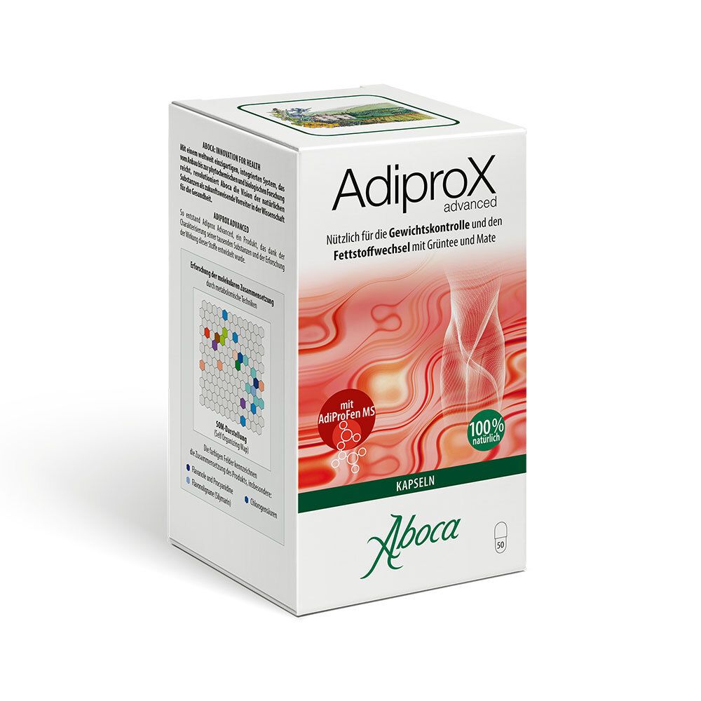 Boîte blanche avec impression du produit. Inscription : Adiprox advanced, capsules. Logo : Aboca. Avec fond rouge et illustration.