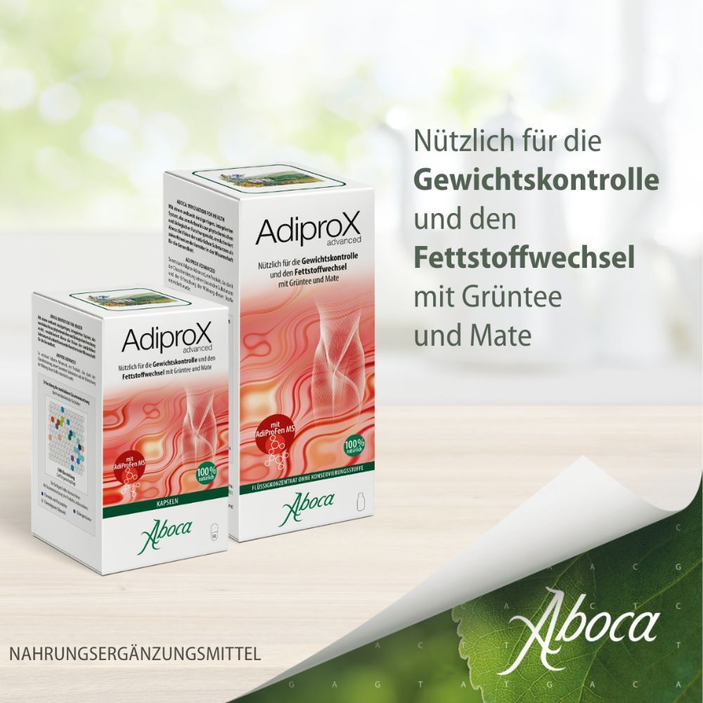 Deux emballages de produits côte à côte. Inscription : Adiprox advanced, capsules. Logo : Aboca. Avec fond rouge et illustration.