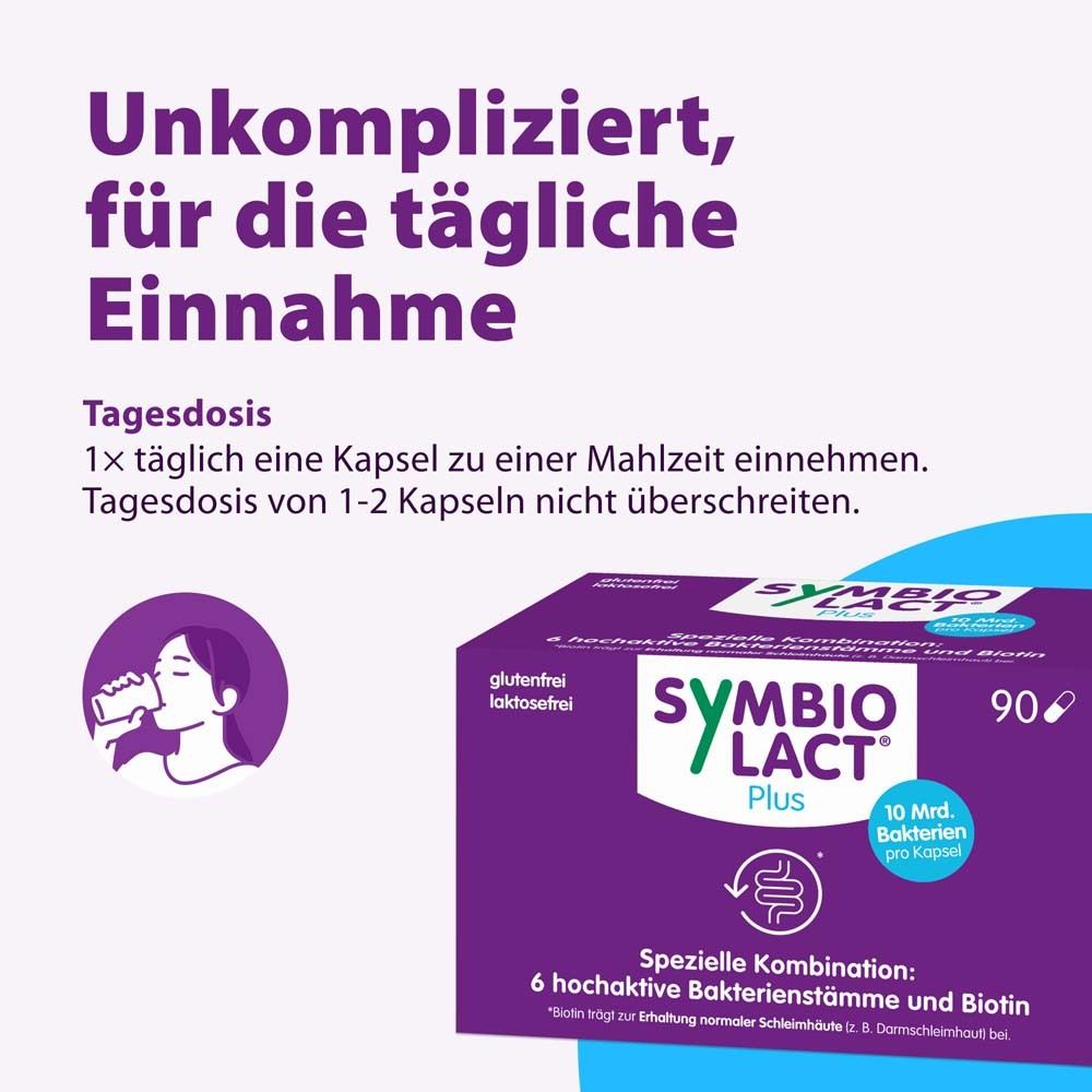 Frau trinkt. Text: Unkompliziert, für die tägliche Einnahme. 1 Kapsel täglich. Logo: SymbioLact Plus. 90 Kapseln.