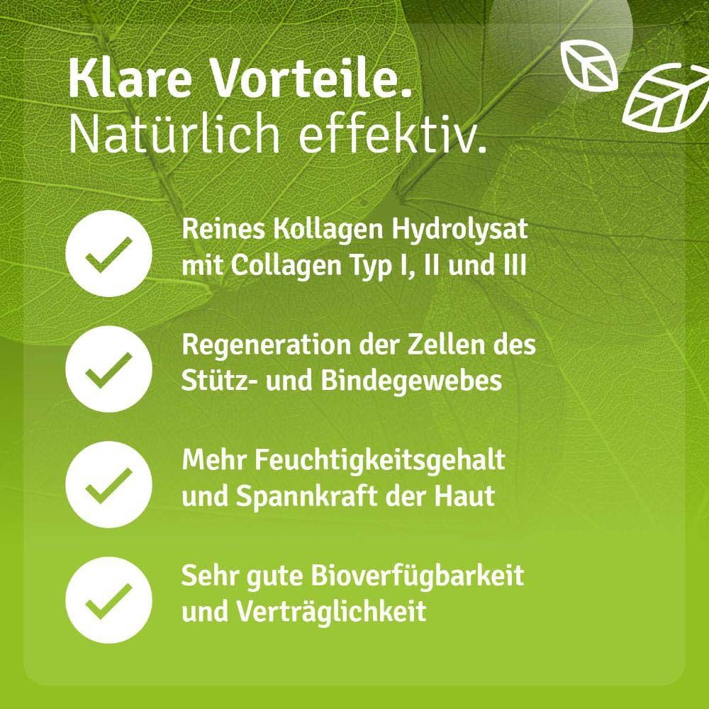 Vorteile: Reines Kollagen Hydrolysat, Regeneration, Feuchtigkeit, Spannkraft. Sehr gute Bioverfügbarkeit.