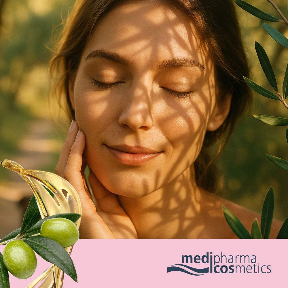 Femme aux yeux fermés, visage à l'ombre des feuilles. Branches d'oliviers et olives. Logo : medipharma cosmetics.