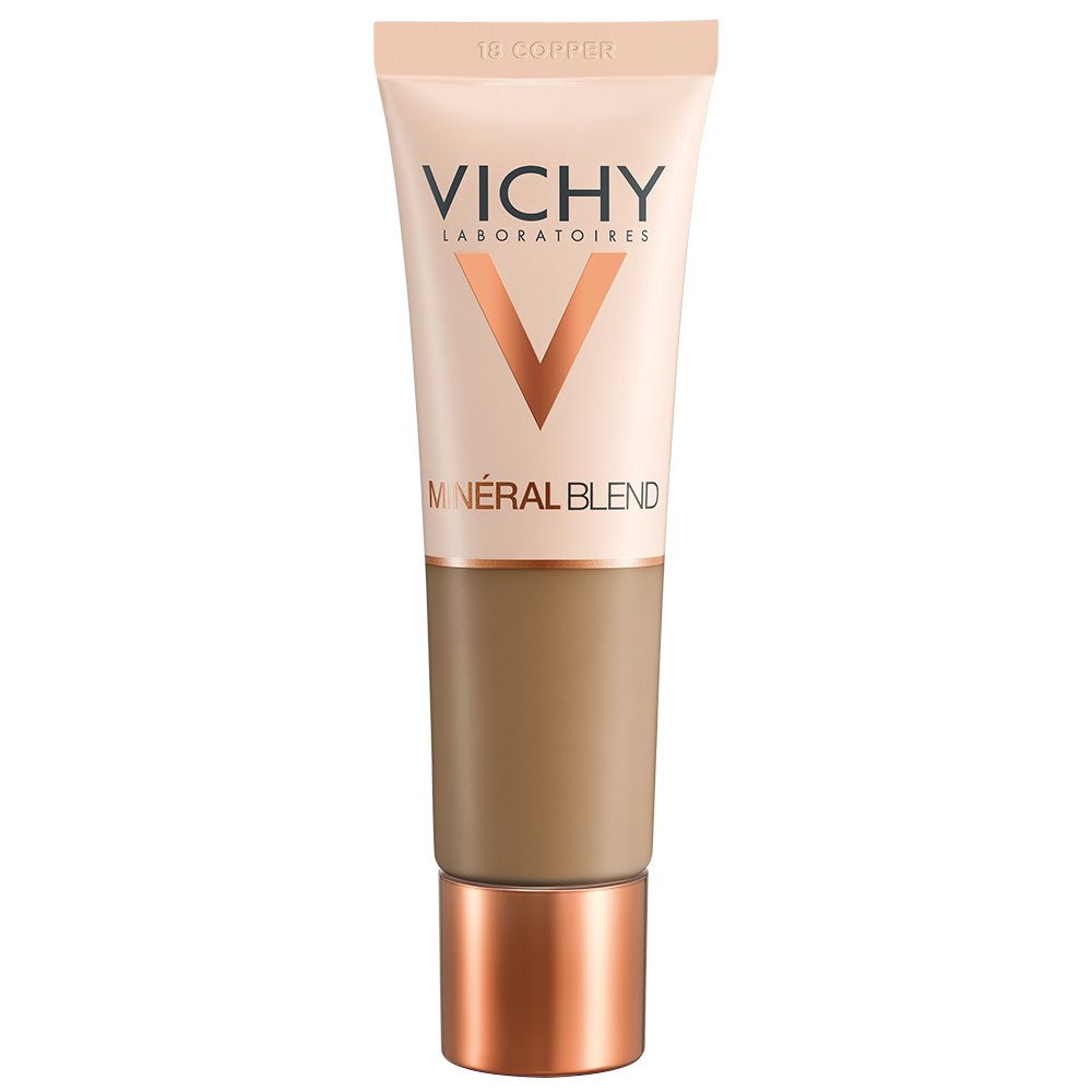 Tube de fond de teint Vichy Minéralblend 18 Copper. Inscription Vichy. Contenu couleur cuivre. Bouchon et base dorés.