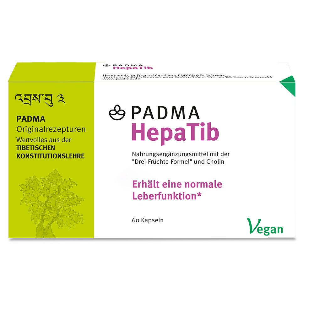 Weiß-grüne Schachtel mit PADMA HepaTib. Enthält 60 Kapseln. Vegan-Siegel. Text in Deutsch und Tibetisch.