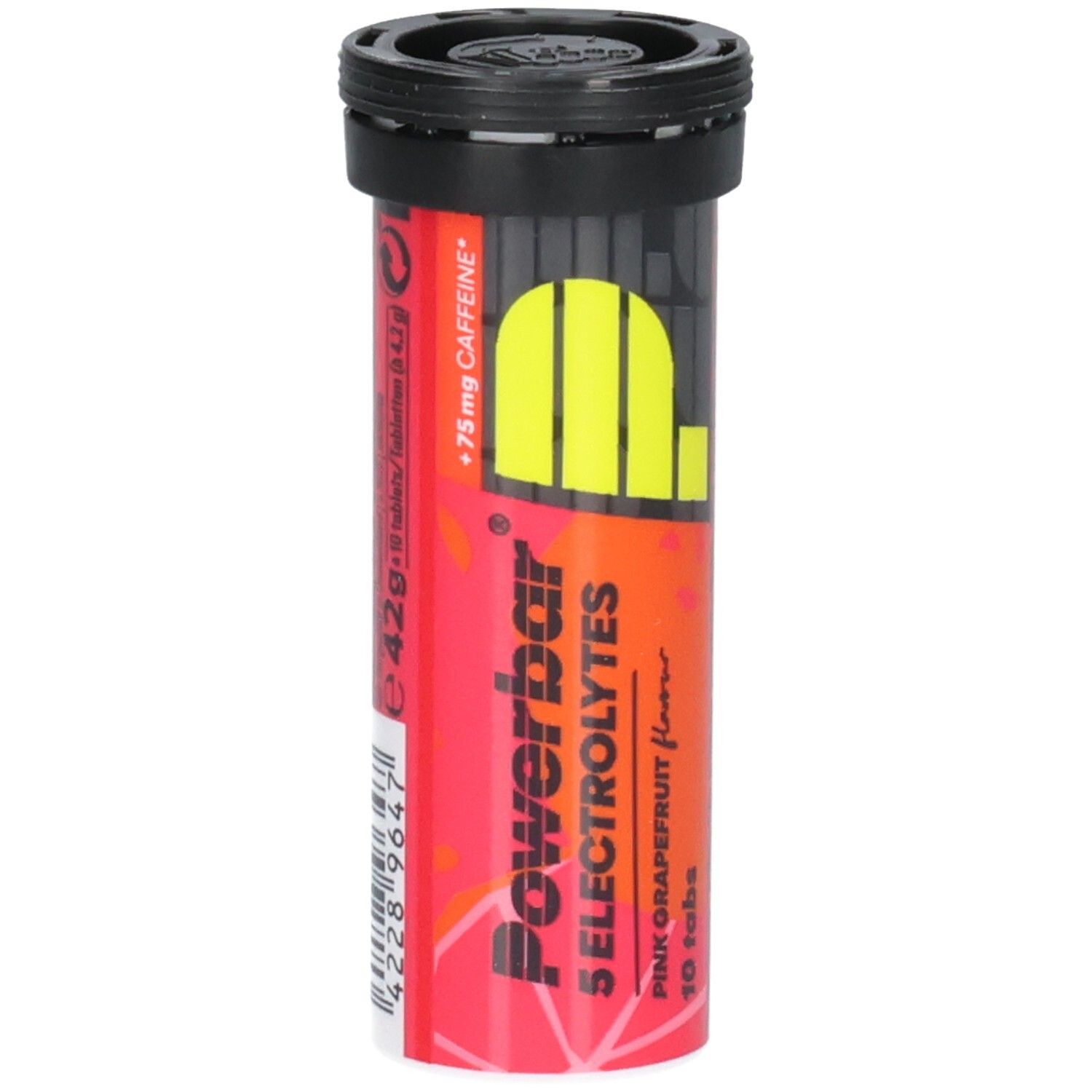 Tube cylindrique avec couvercle noir. Inscription: Powerbar 5 Electrolytes, Pink Grapefruit, 10 comprimés. Contient de la caféine.