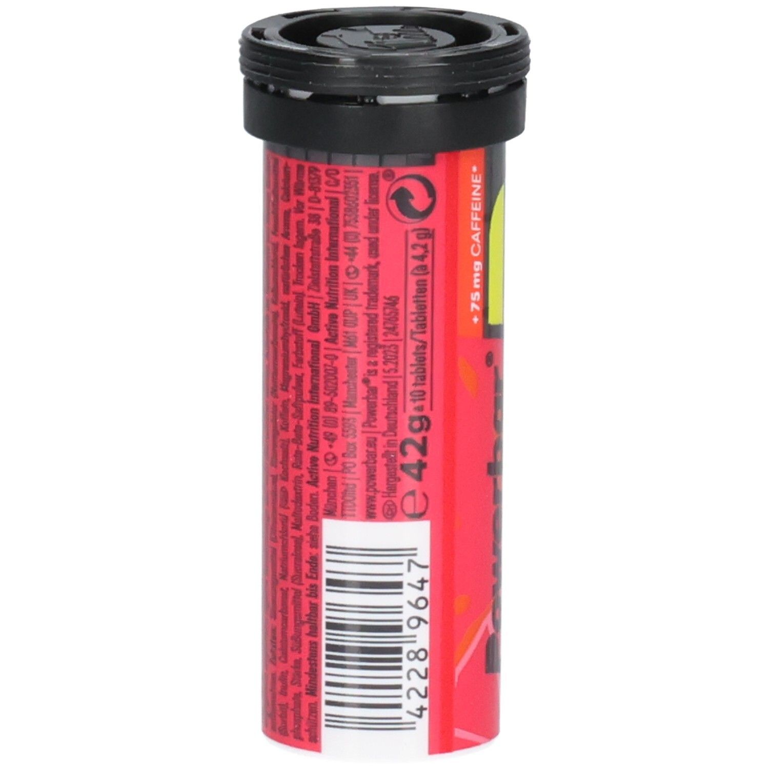 Tube cylindrique avec couvercle noir. Texte au dos. Inscription: Powerbar 5 Electrolytes, Pink Grapefruit, 10 comprimés.