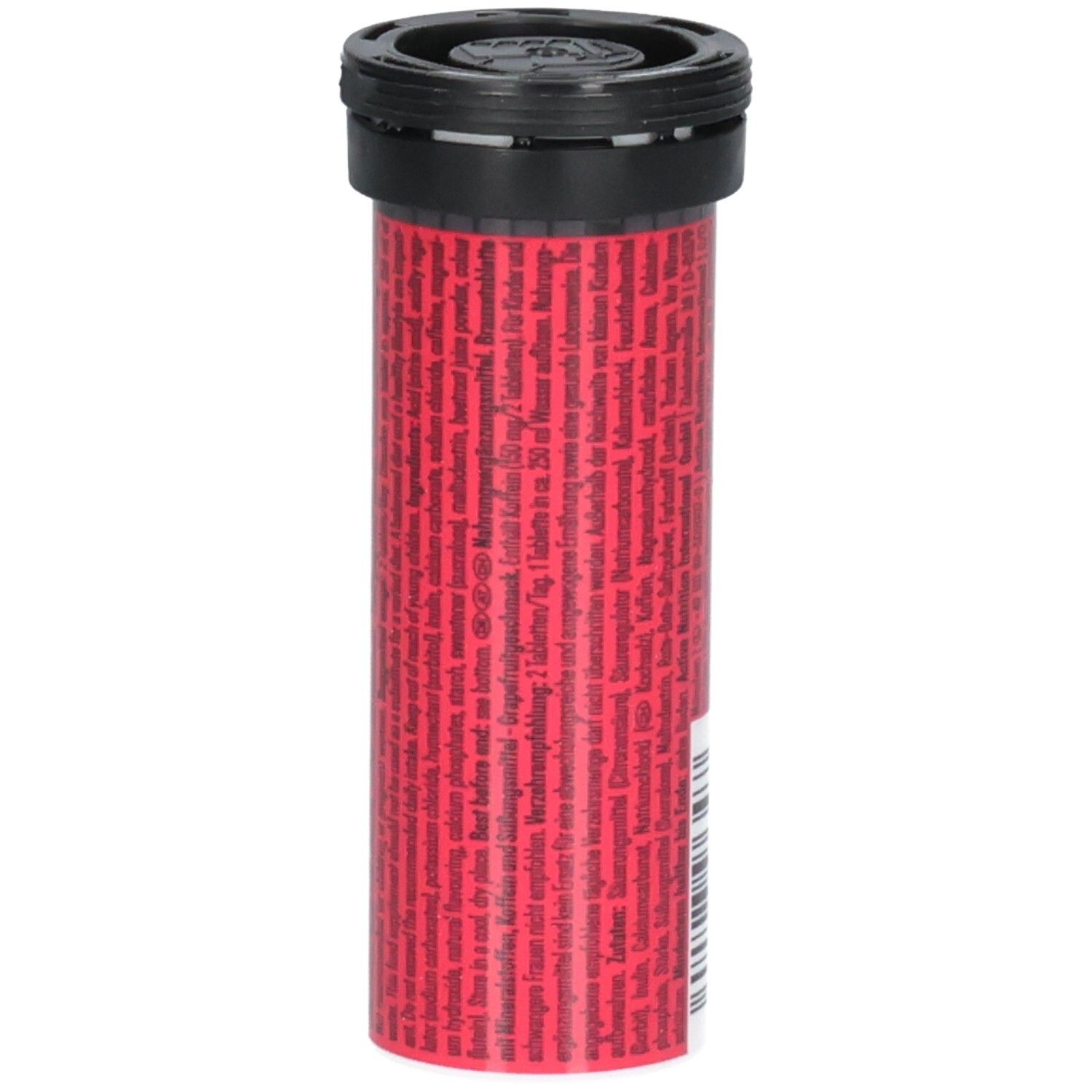 Tube cylindrique avec couvercle noir. Texte rouge au dos. Aucun autre détail visible.