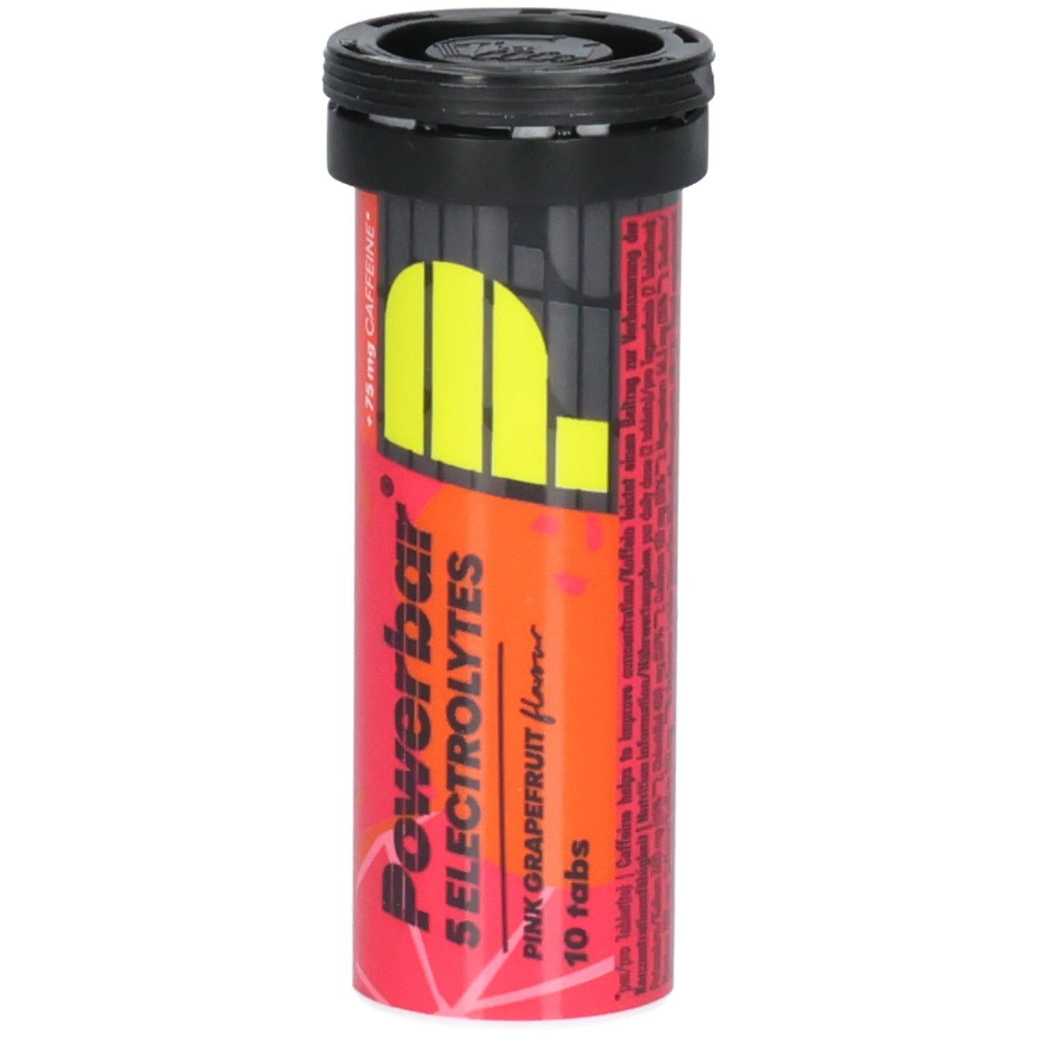 Tube cylindrique avec couvercle noir. Inscription: Powerbar 5 Electrolytes, Pink Grapefruit, 10 comprimés. Logo jaune.