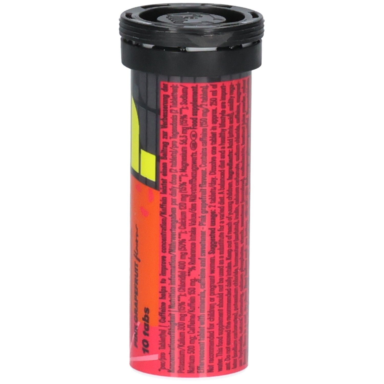 Tube cylindrique avec couvercle noir. Texte au dos. Inscription: Powerbar 5 Electrolytes, Pink Grapefruit, 10 comprimés.