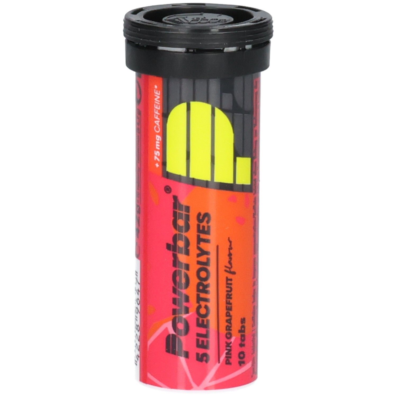 Tube cylindrique avec couvercle noir. Inscription: Powerbar 5 Electrolytes, Pink Grapefruit, 10 comprimés. Contient de la caféine.