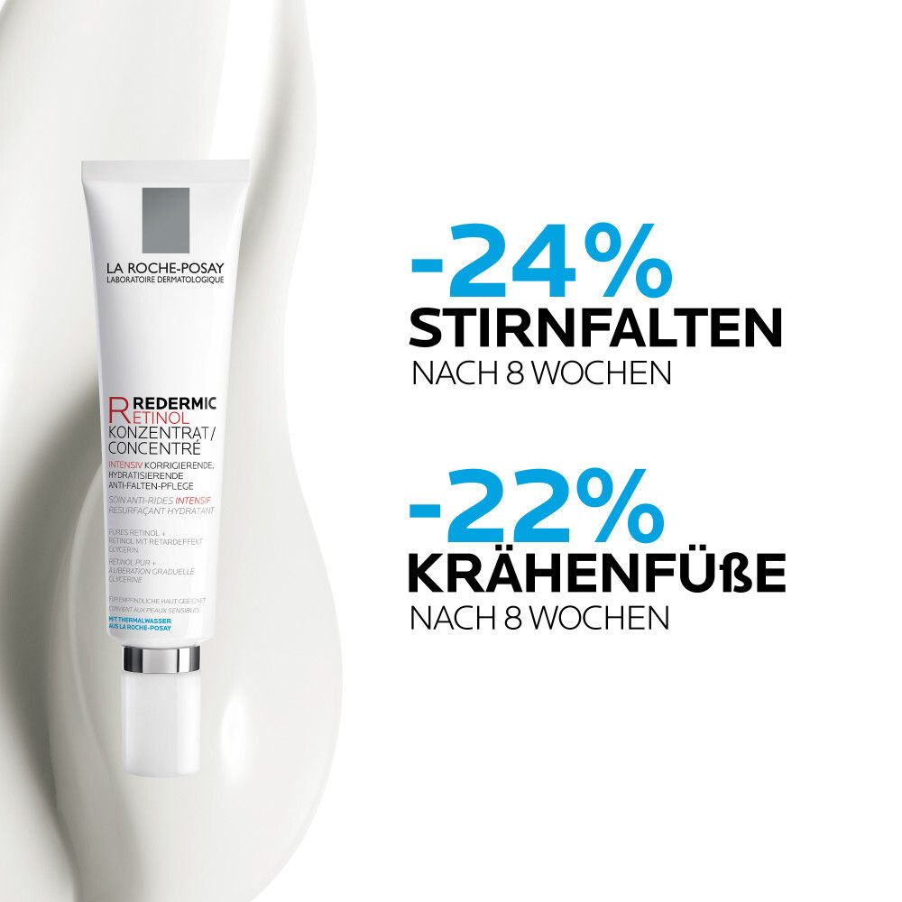 Produkt-Tube mit Text. Text: -24% Stirnfalten nach 8 Wochen, -22% Krähenfüße nach 8 Wochen.