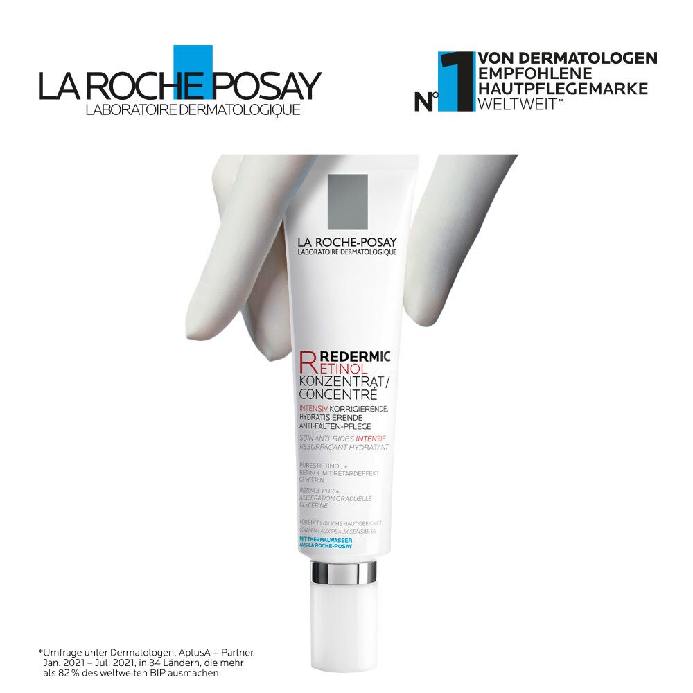 Produkt-Tube, gehalten von einer Hand. Text: La Roche-Posay. Von Dermatologen empfohlene Hautpflegemarke weltweit.