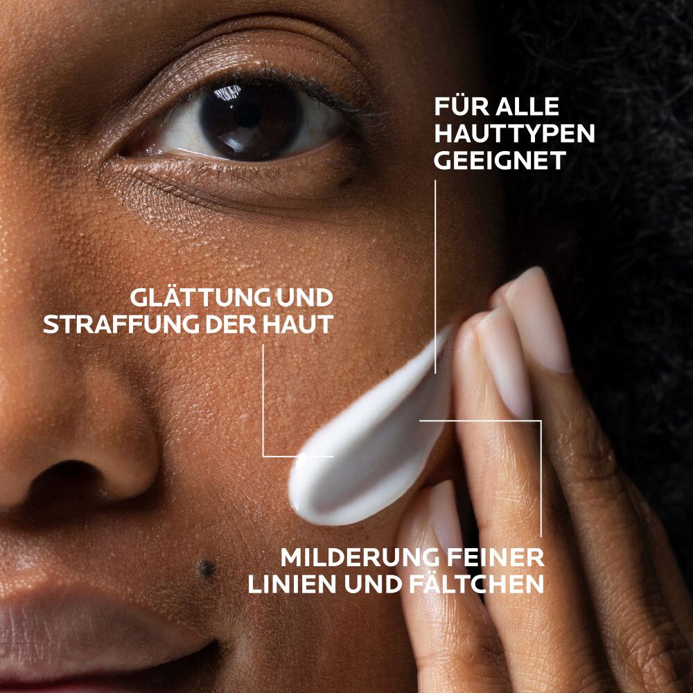 Gesicht mit Creme. Text: Für alle Hauttypen geeignet. Glättung und Straffung der Haut. Milderung feiner Linien und Fältchen.