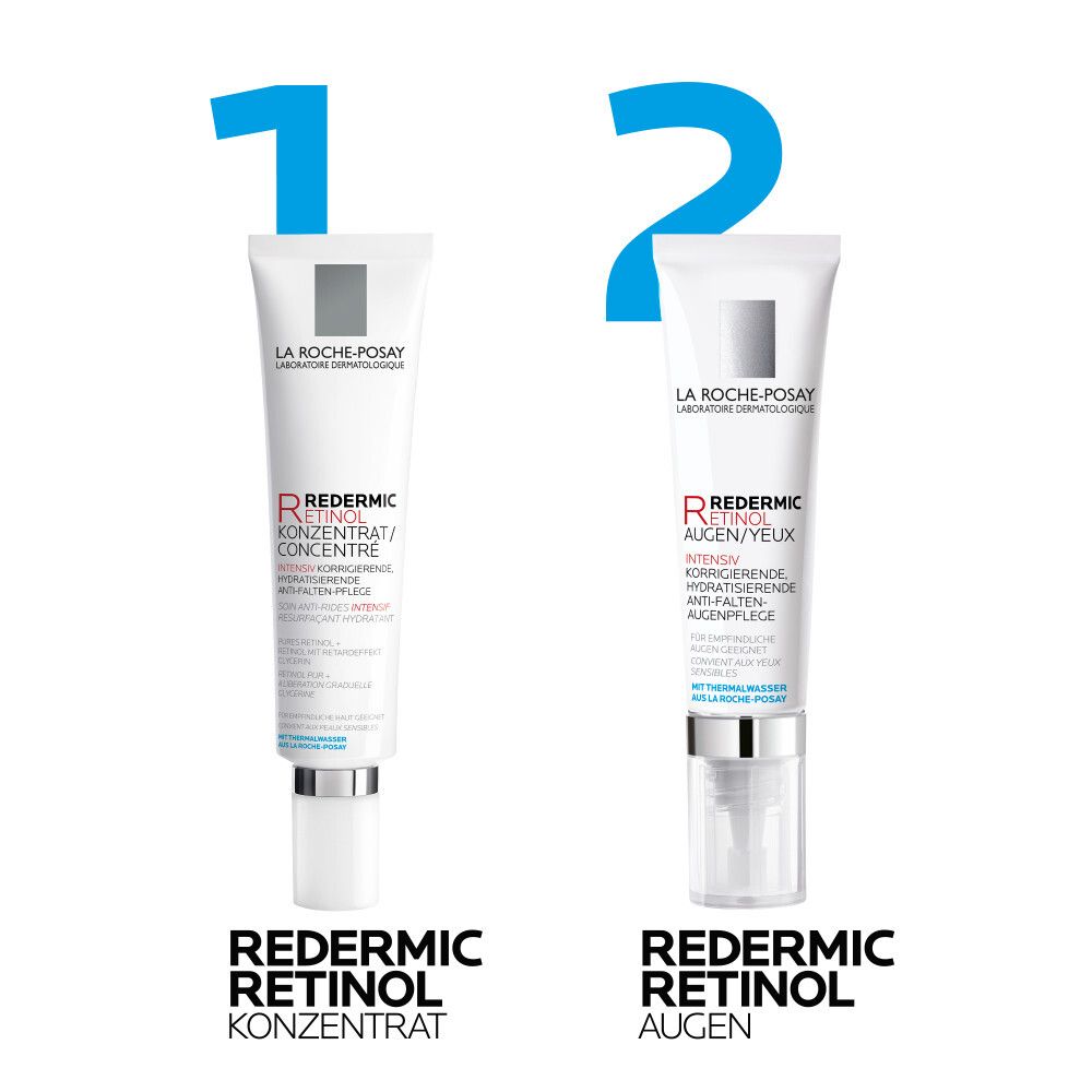 Zwei Produkt-Tuben. Links: Redermic Retinol Konzentrat. Rechts: Redermic Retinol Augen. Text: 1. 2.
