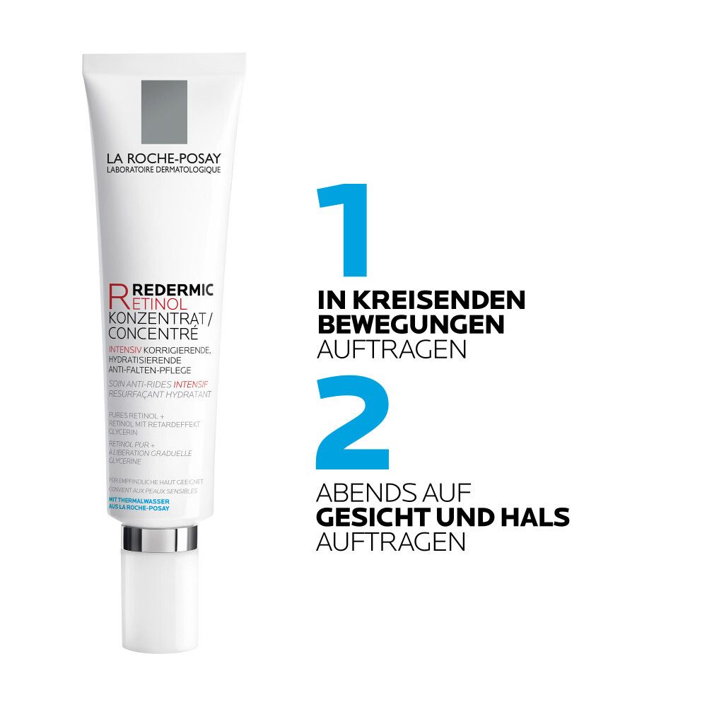 Produkt-Tube. Text: 1. In kreisenden Bewegungen auftragen. 2. Abends auf Gesicht und Hals auftragen.