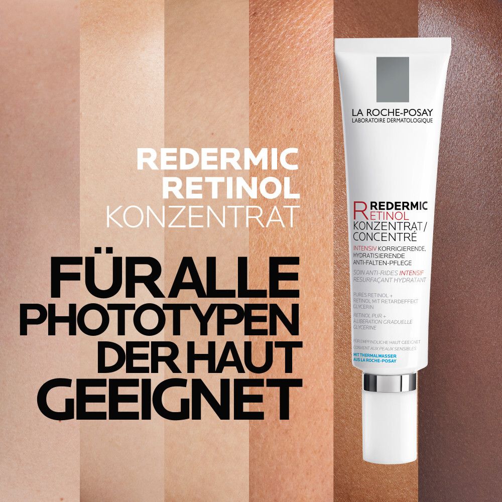 Produkt-Tube vor Hauttönen. Text: Für alle Phototypen der Haut geeignet.