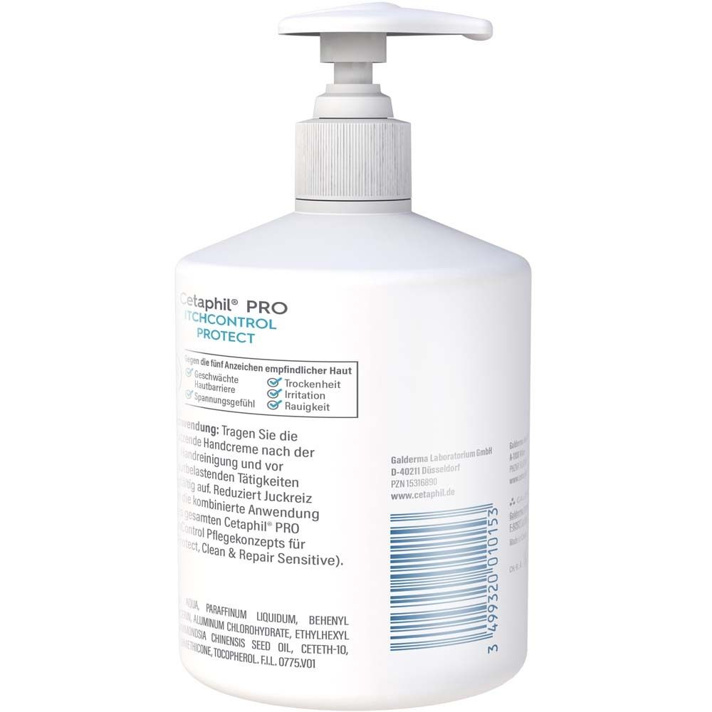 Dos du flacon. Texte: Cetaphil Pro ItchControl Protect. Ingrédients, instructions d'utilisation.