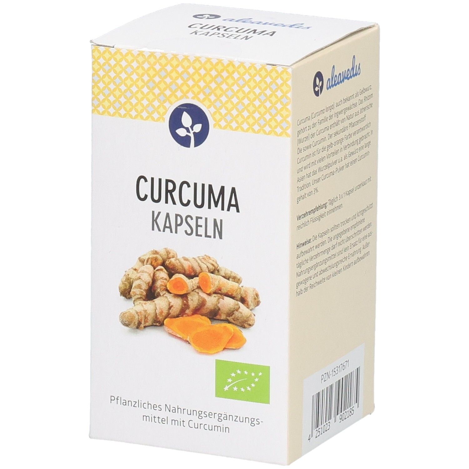 Weißer Karton mit Aufschrift CURCUMA KAPSELN und Abbildung von Kurkumawurzeln. Bio-Siegel.
