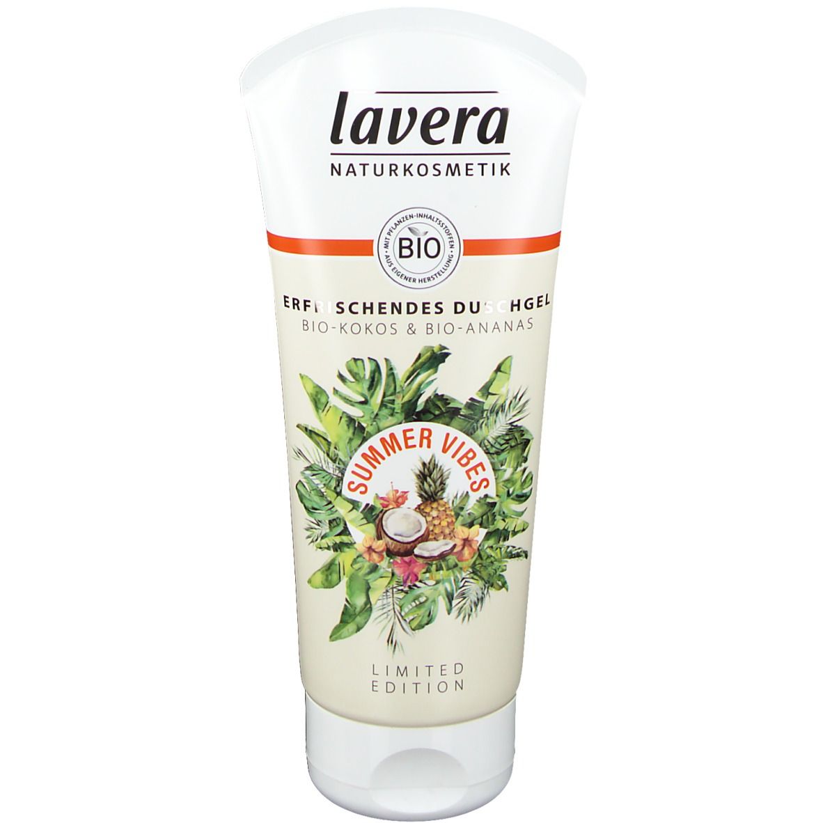 Tube blanche et transparente avec impressions. Logo Lavera, label bio, design "Summer Vibes" avec noix de coco et ananas.