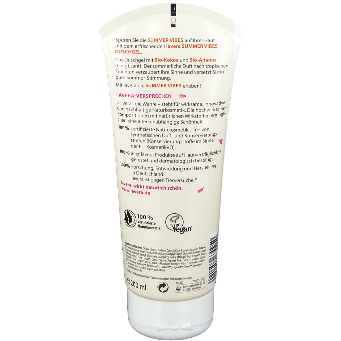 Dos du tube. Texte avec informations produit, logo Lavera, label bio, logo Vegan, et indication de volume.