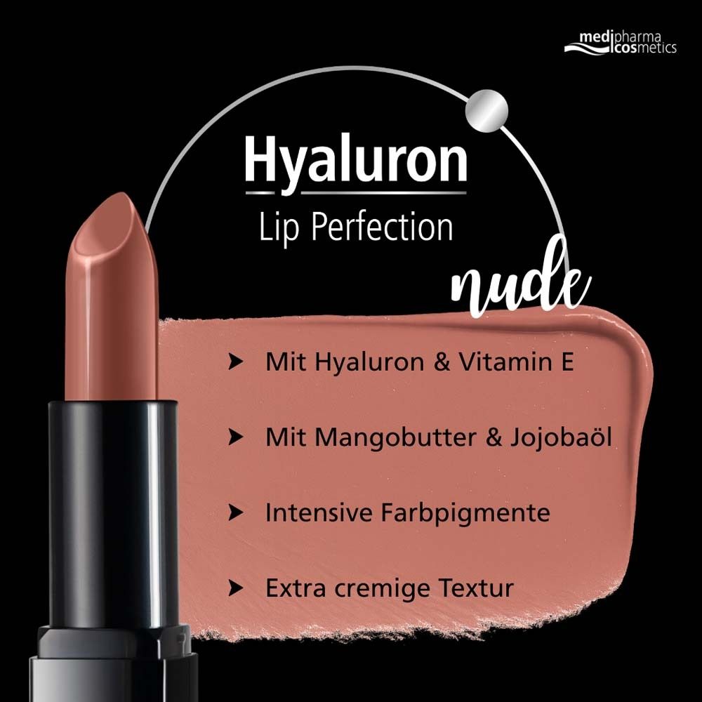 Rouge à lèvres nude, texte. Contient hyaluron, vitamine E, beurre de mangue, huile de jojoba. Marque : Hyaluron Lip Perfection.