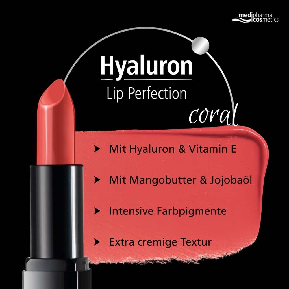 Rouge à lèvres corail sur fond noir. Texte : Hyaluron Lip Perfection, corail, ingrédients.