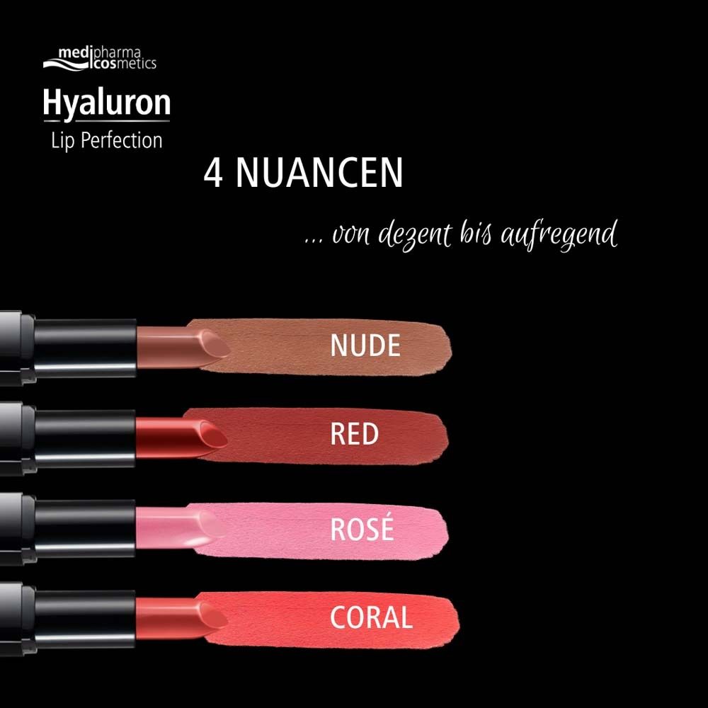 Vier Lippenstifte in verschiedenen Farben: Nude, Red, Rosé, Coral. Text: 4 Nuancen... von dezent bis aufregend.