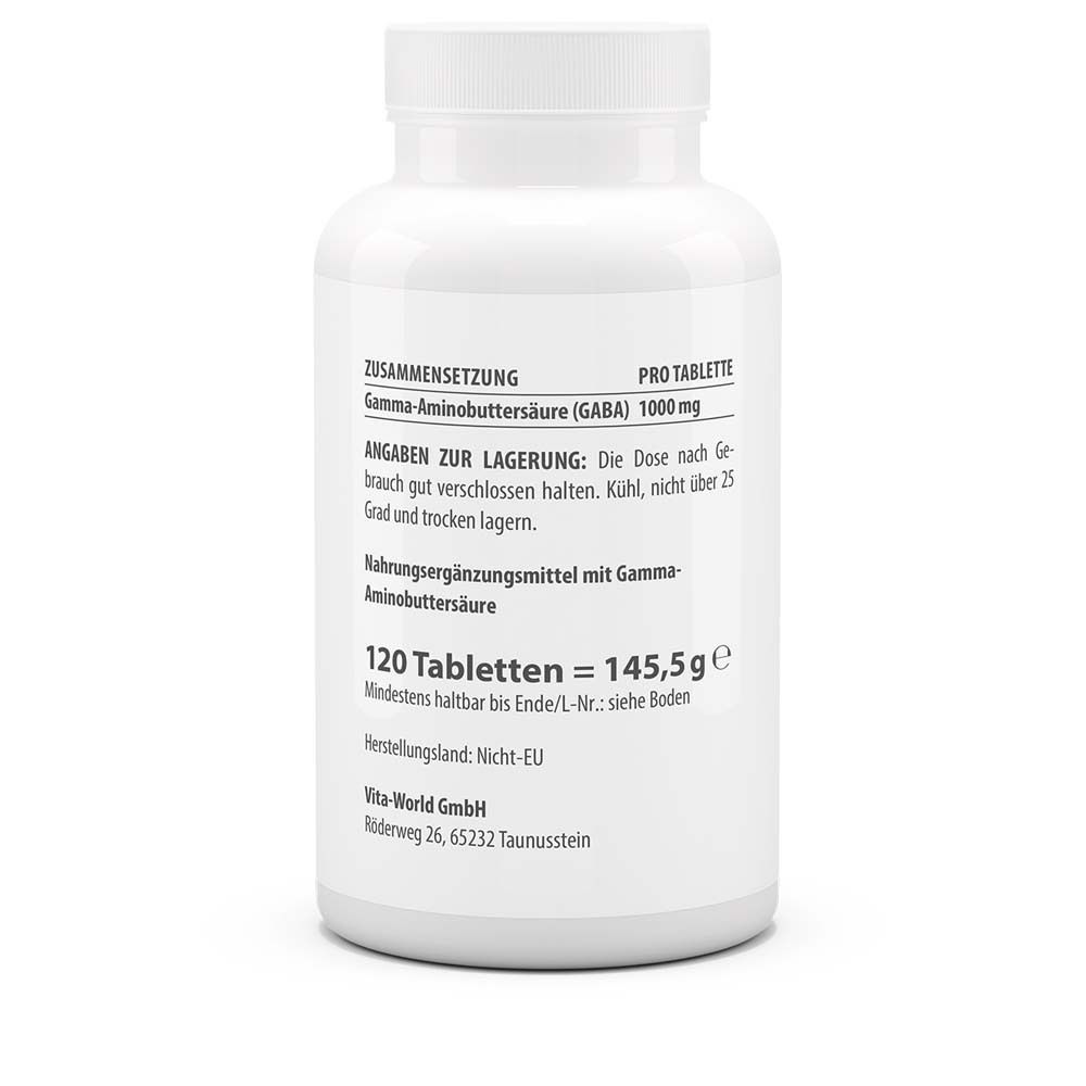 Dos du flacon blanc. Texte: Composition, conseils de stockage, 120 comprimés, 145,5g. Vita-World GmbH.