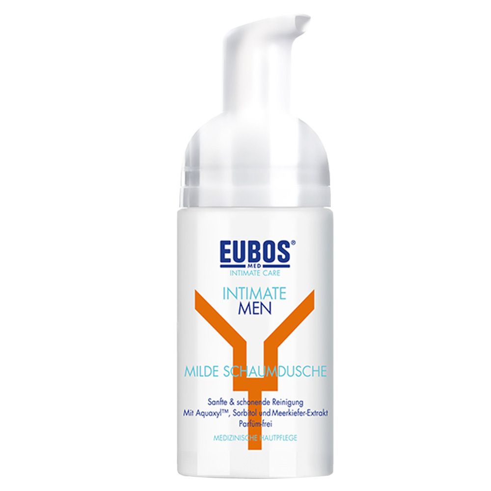 Flacon blanc avec pompe. Inscription : EUBOS MED INTIMATE MEN, DOUCHE MOUSSANTE DOUCE. Design orange.