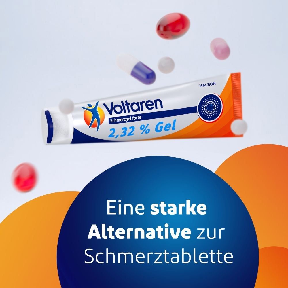Voltaren Schmerzgel forte Tube mit umgebenden Pillen.