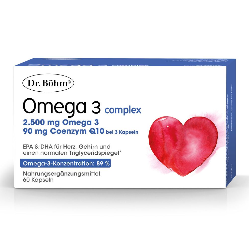 Boîte de Dr. Böhm Omega 3 complex. Contient 60 gélules. Symbole de cœur rouge. Texte : 2 500 mg Omega 3, 90 mg Coenzyme Q10.