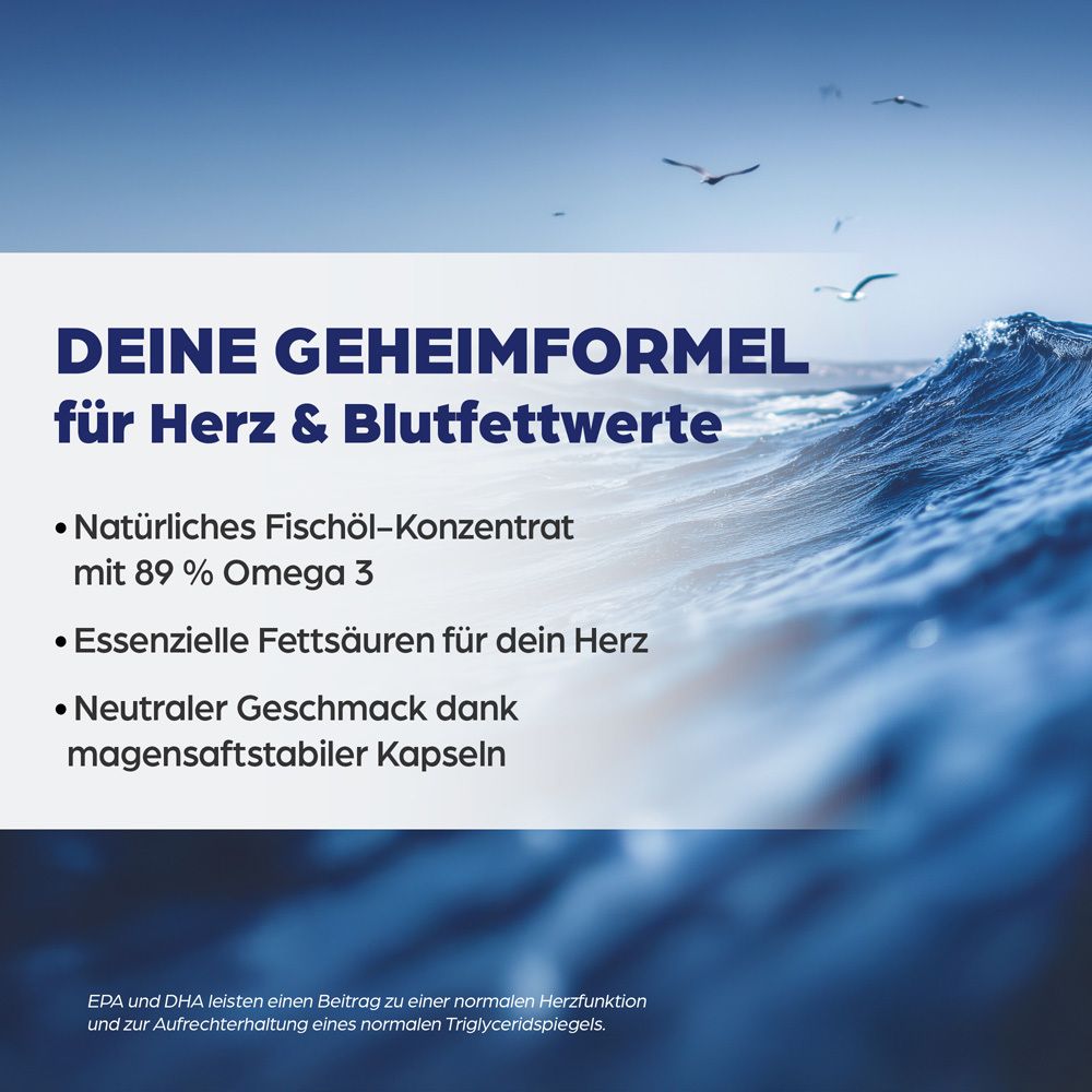Gélule ovale marron. Texte : Avec 89% d'oméga 3 hautement concentré. Facile à avaler grâce à la forme torpille innovante.
