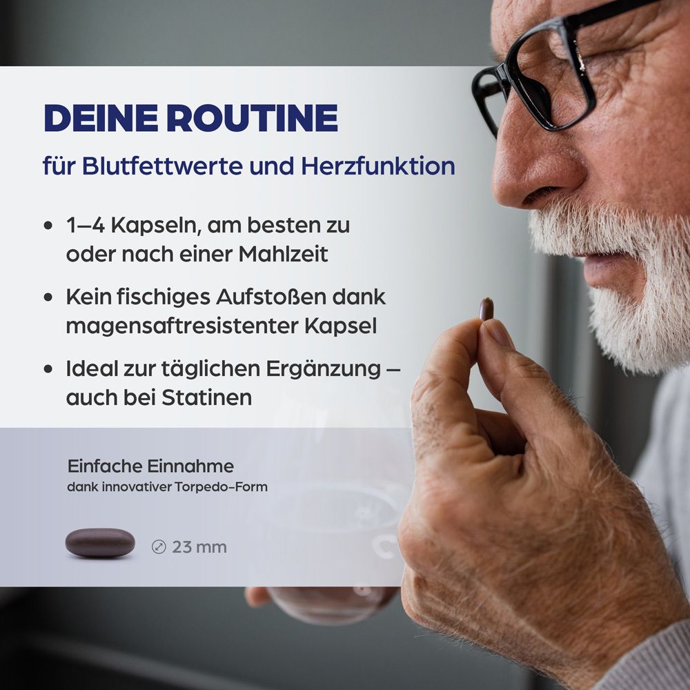 Trois gélules jaunes. Texte : produit de droguerie normal, produit de pharmacie à forte dose, Dr. Böhm Omega 3 complex.